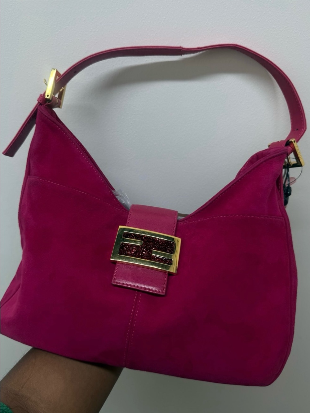 Fendi Pink Suede Shoulder Bag with Gold Buckle